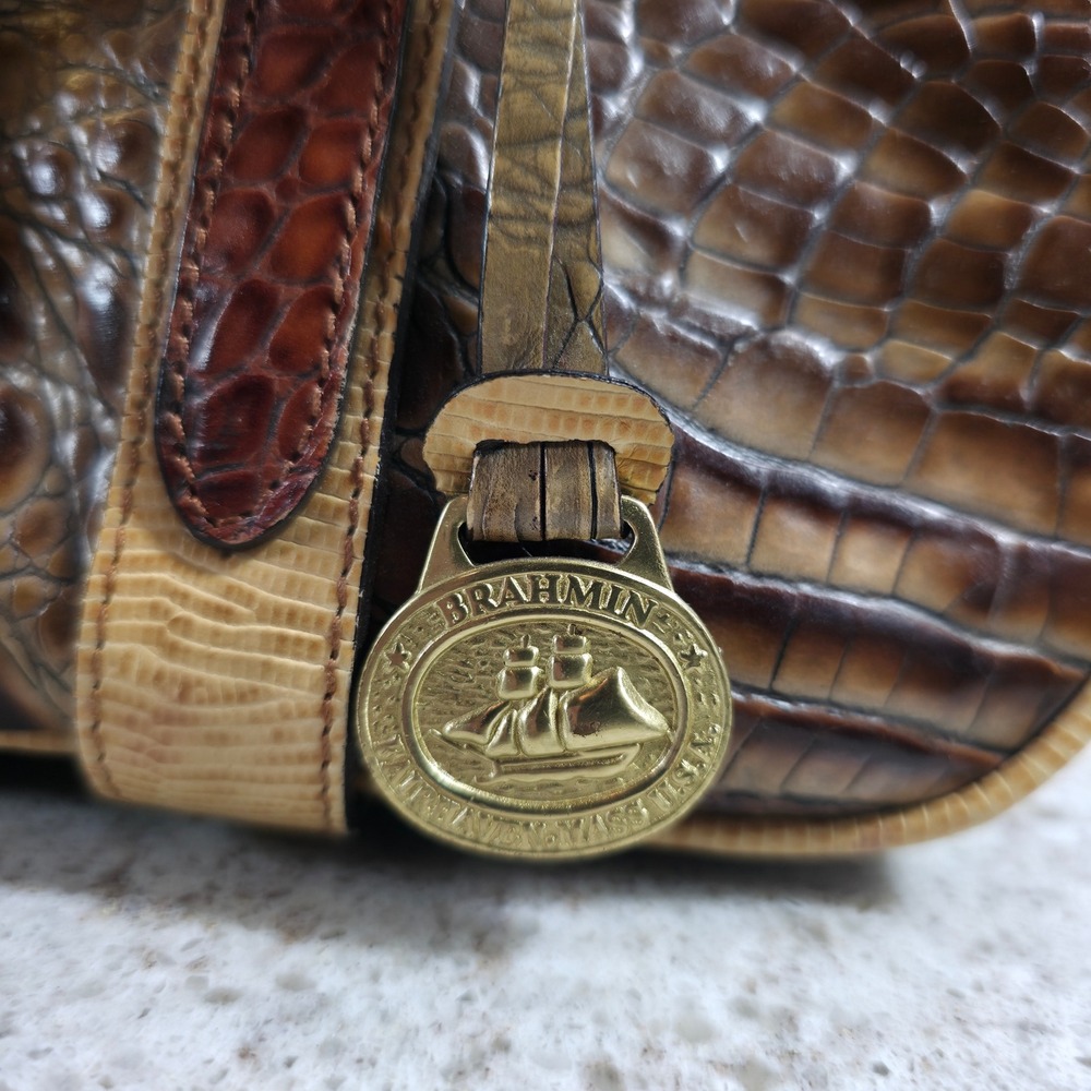Brahmin Tricolor Collection Brown Croc Embossed Leather Satchel Handbag - Picture 4 of 16